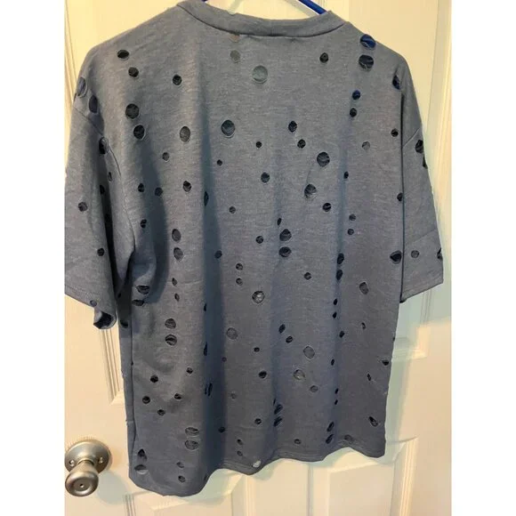 LOVE J Blue Blouse Top T-shirt w Holes Distressed Heels Shoes Pop Art Trendy S - Picture 2 of 13